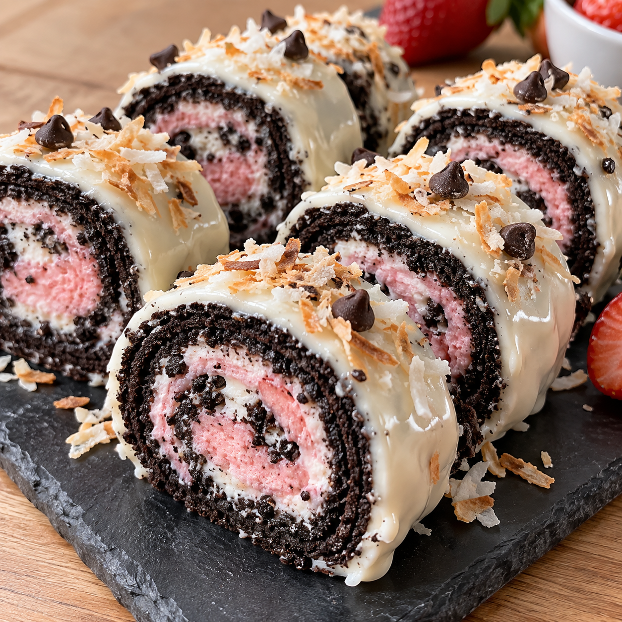Sliced Oreo sushi-style dessert rounds with a pink swirl center and white chocolate edge