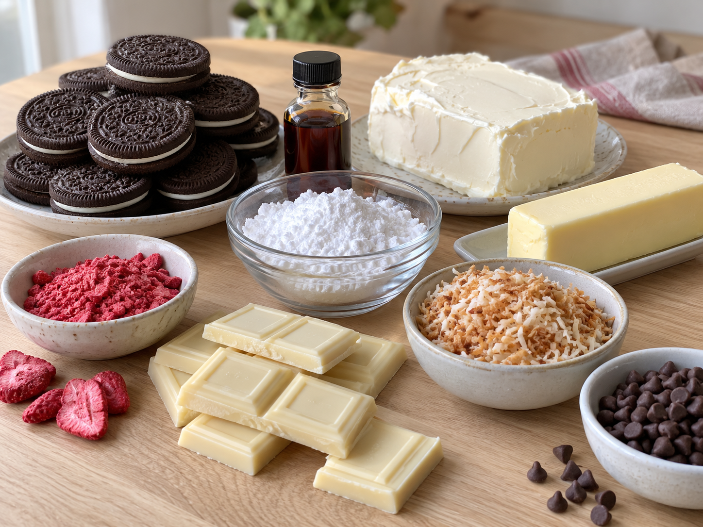 Raw ingredients for Oreo sushi-style dessert including cookies, cream cheese, and white chocolate