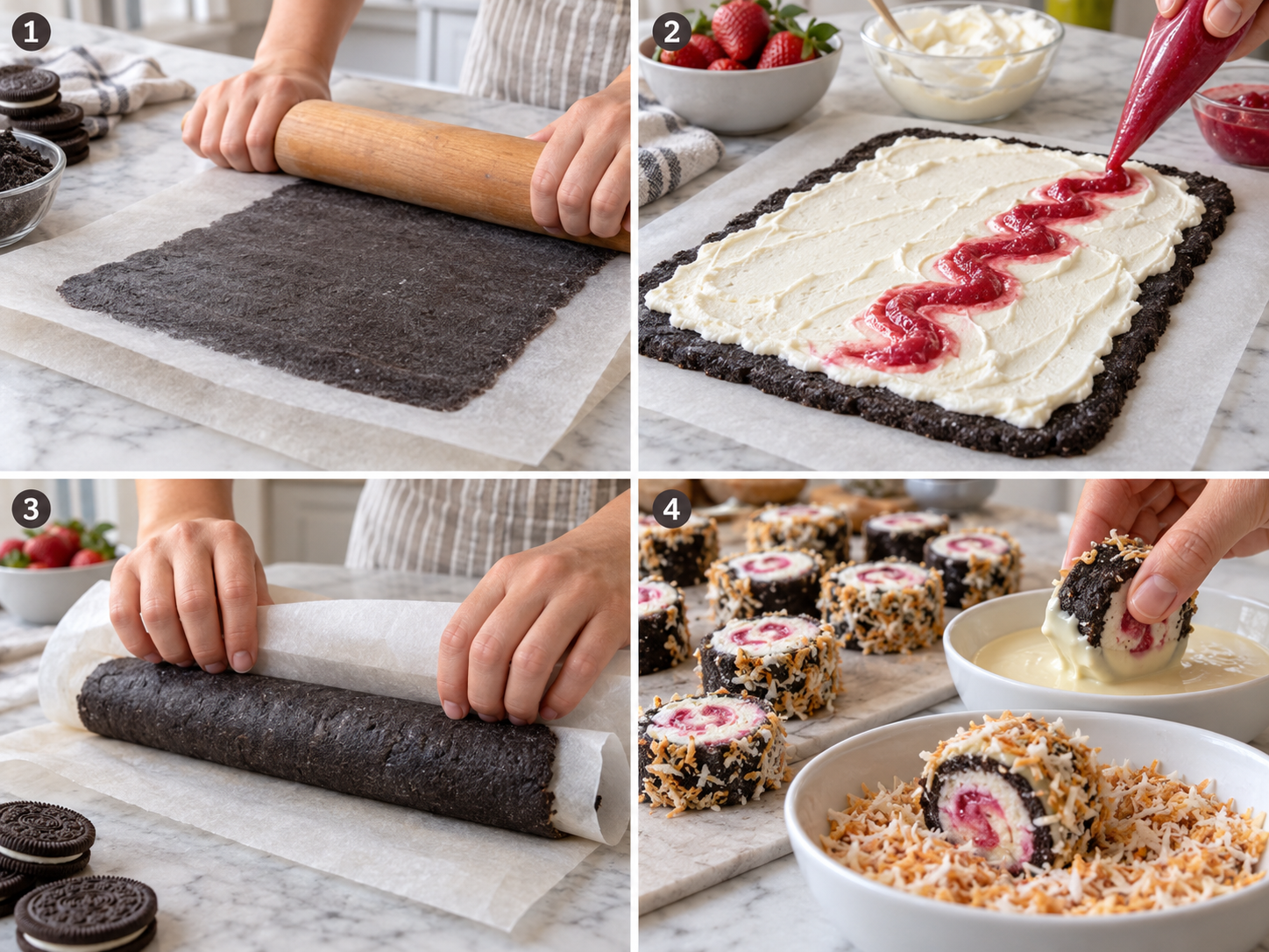 Four steps of making Oreo sushi-style dessert rolls from rolling dough to dipping slices