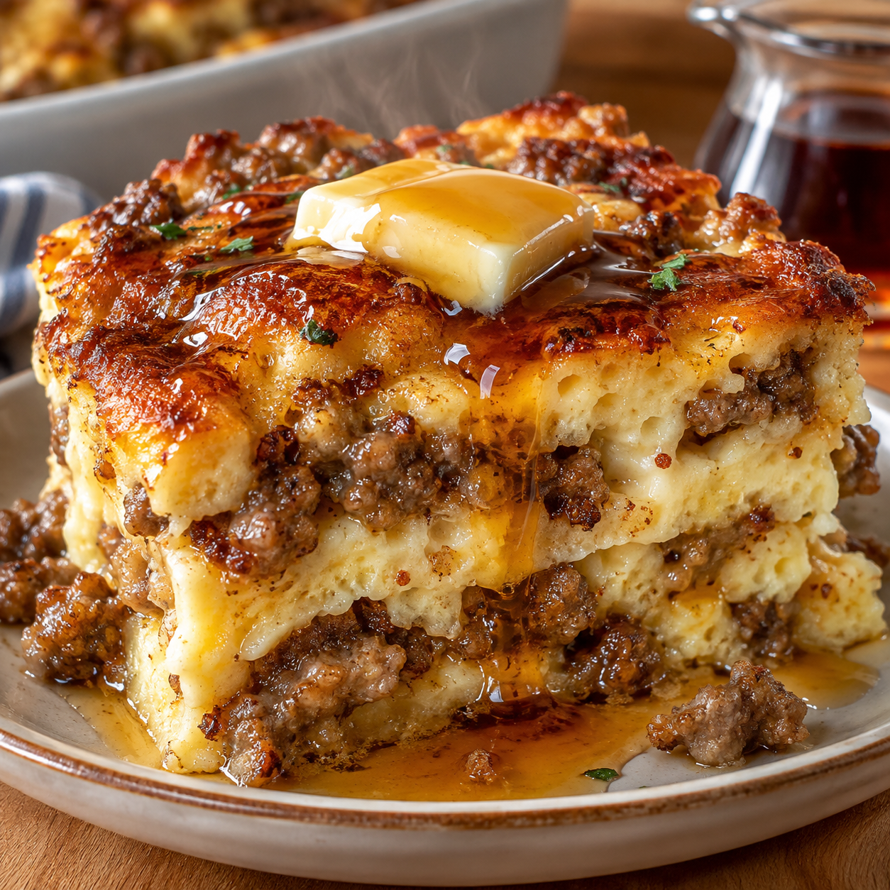 Baked pancake sausage breakfast casserole square topped with maple syrup