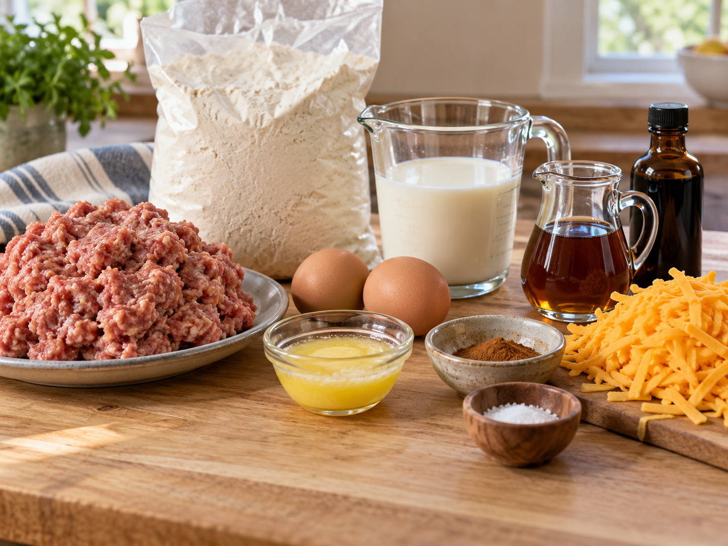 Raw breakfast sausage, pancake mix, eggs, milk, and cheddar on a wooden counter