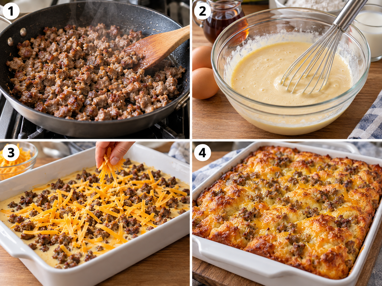 Four steps of making a pancake sausage breakfast bake from browning to baked