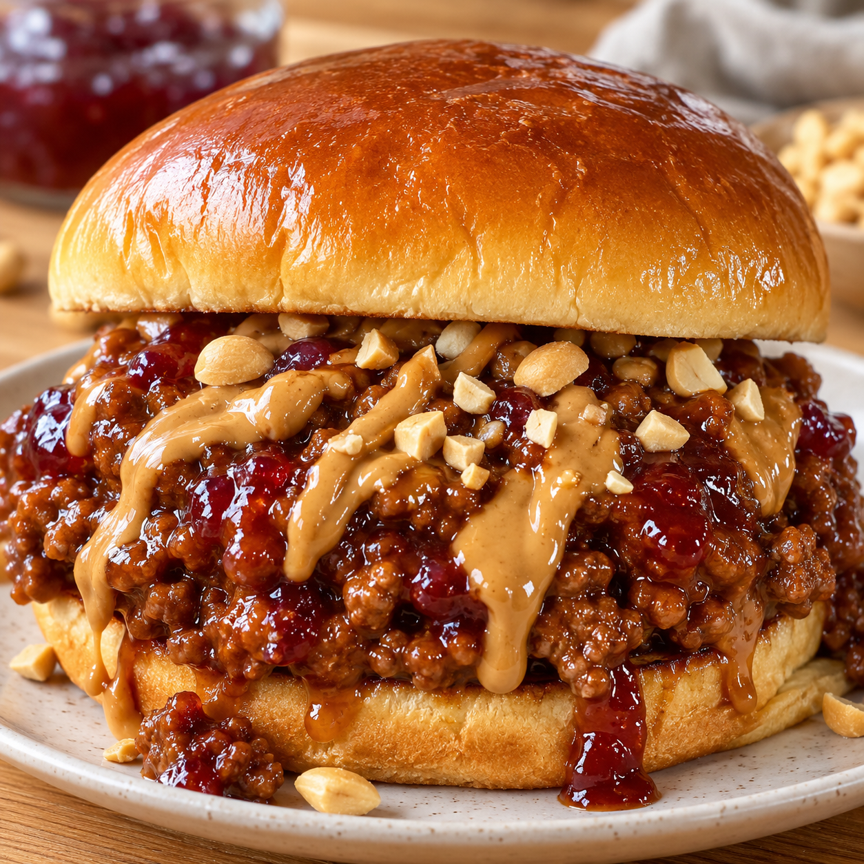 Peanut butter and jelly sloppy joe sandwich on a toasted brioche bun with peanut drizzle