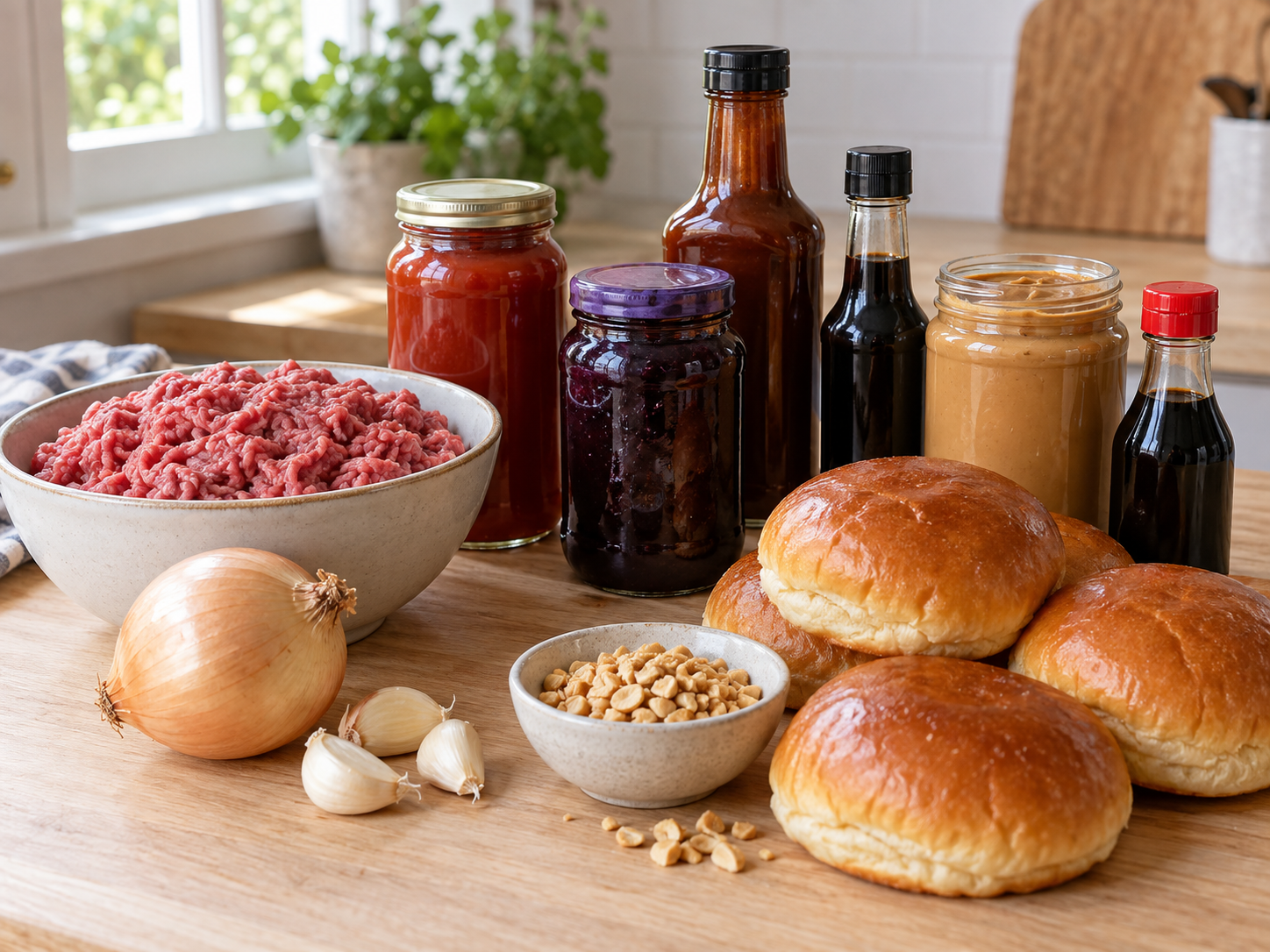 Raw ingredients for peanut butter and jelly sloppy joes including ground beef, jelly and peanut butter