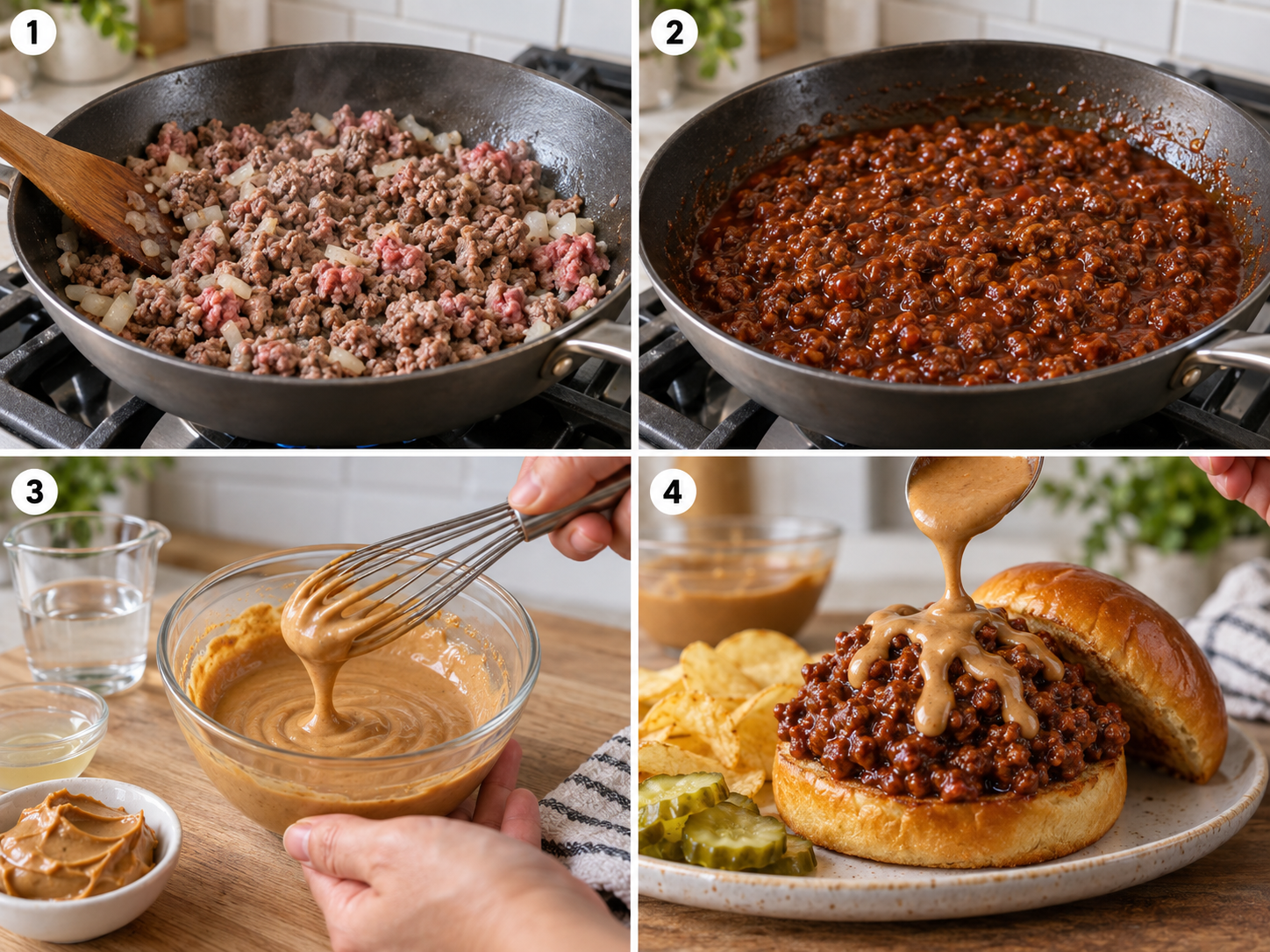 Four steps of making peanut butter and jelly sloppy joes from browning beef to drizzling peanut sauce