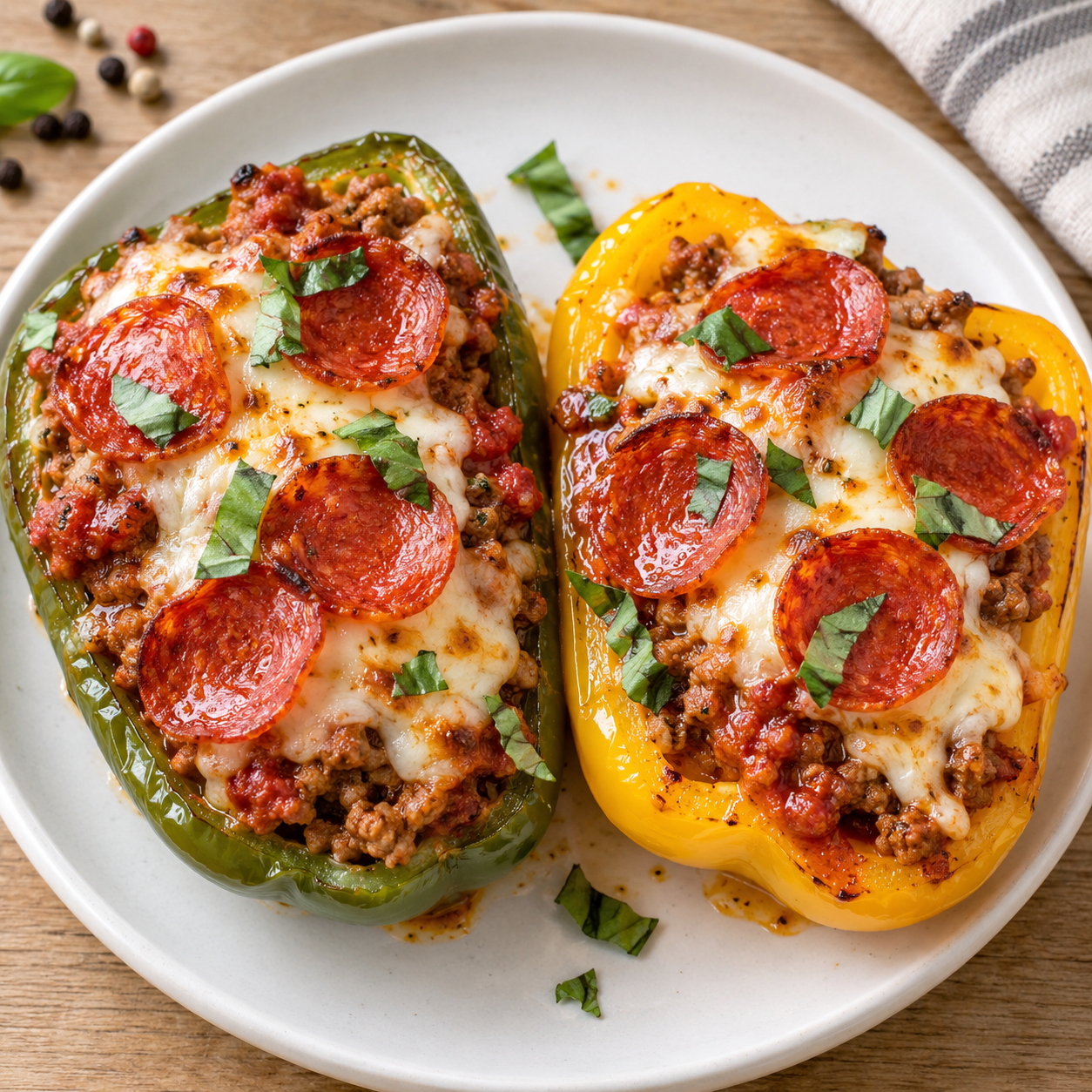 Baked bell pepper halves stuffed with beef, pizza sauce, melted mozzarella and pepperoni