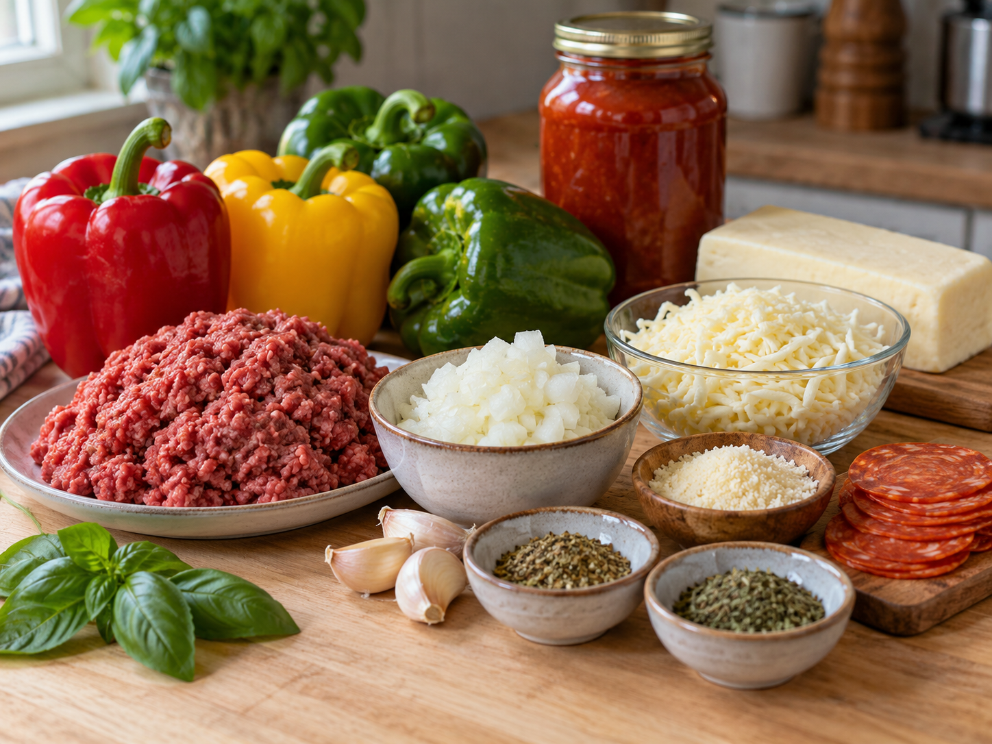 Raw bell peppers, ground beef, pepperoni, mozzarella and pizza sauce on a wood surface