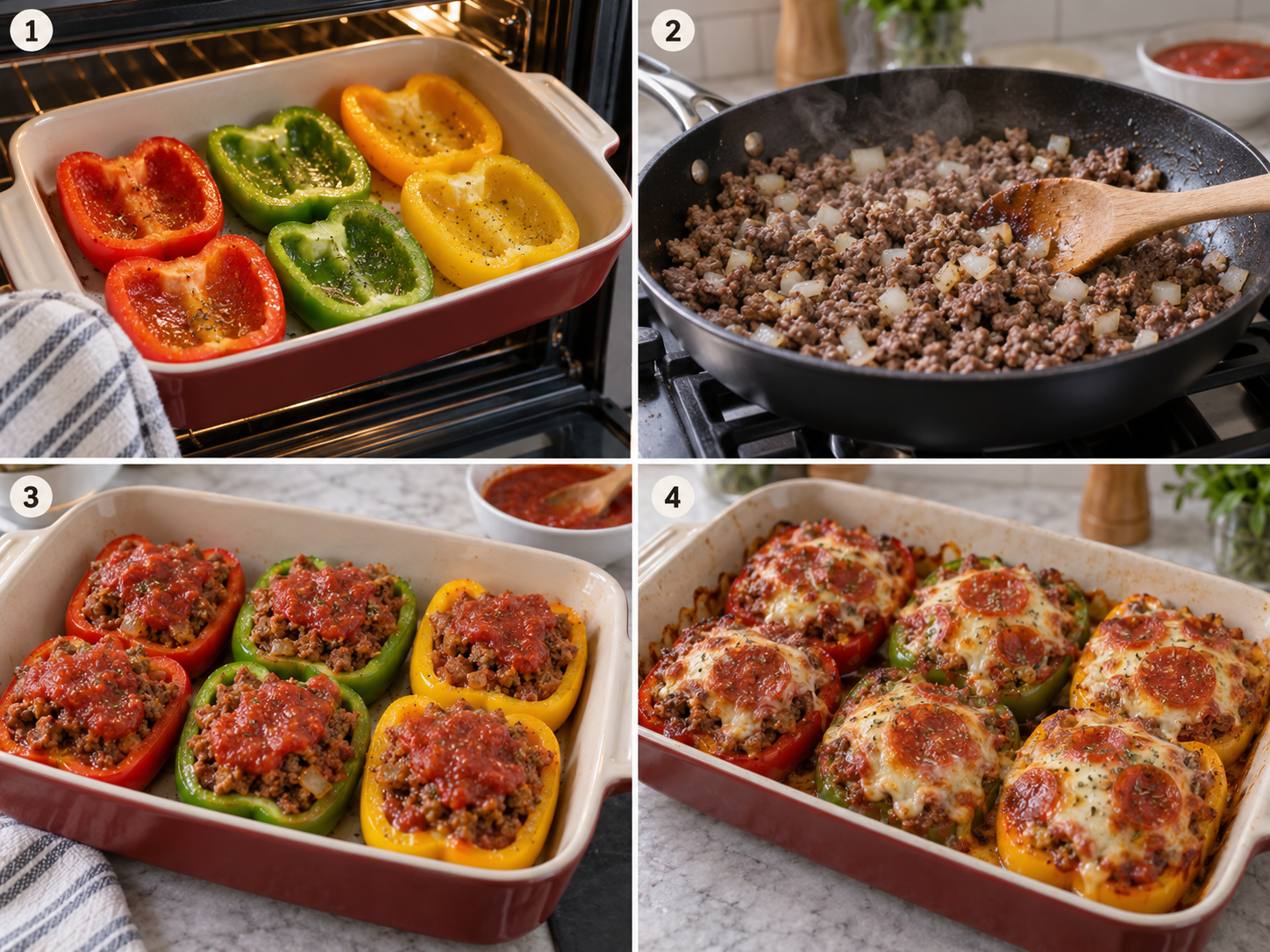 Four steps of making pizza stuffed peppers from stuffing to baked and bubbling