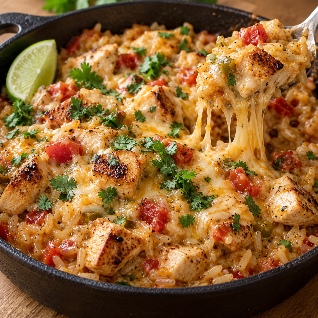 Cheesy queso salsa chicken rice with melted cheese pull and cilantro in a skillet