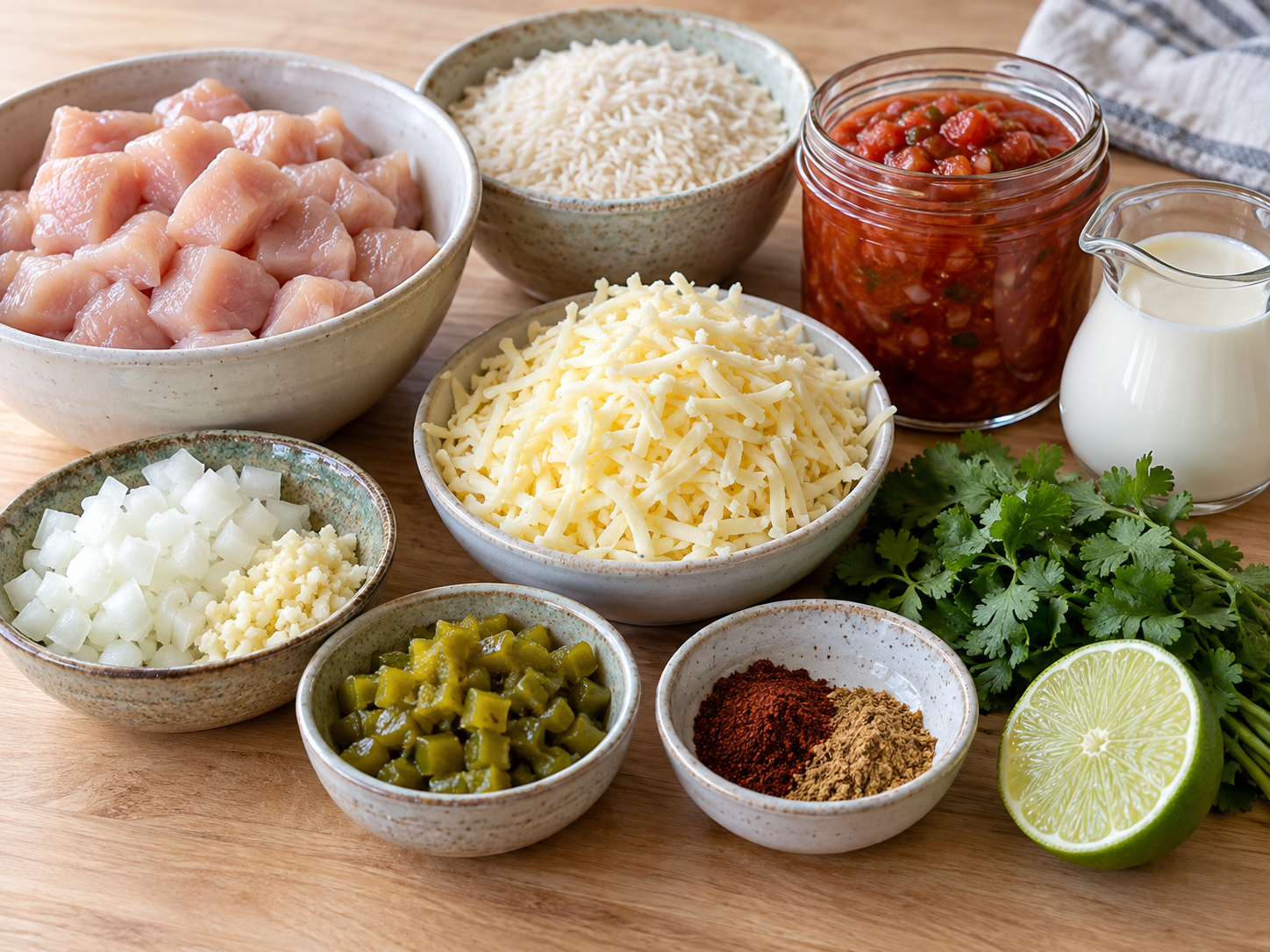 Raw ingredients for queso salsa chicken rice including chicken, rice, salsa, and shredded cheese