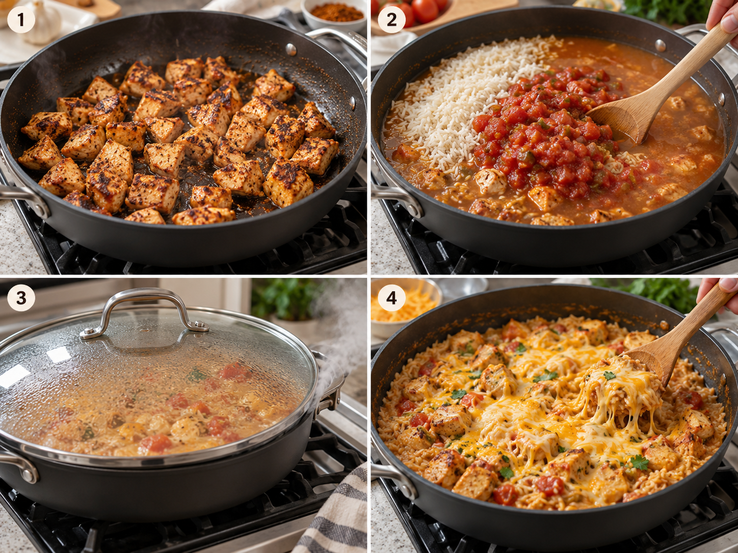 Four steps of making queso salsa chicken rice from searing chicken to melting in cheese