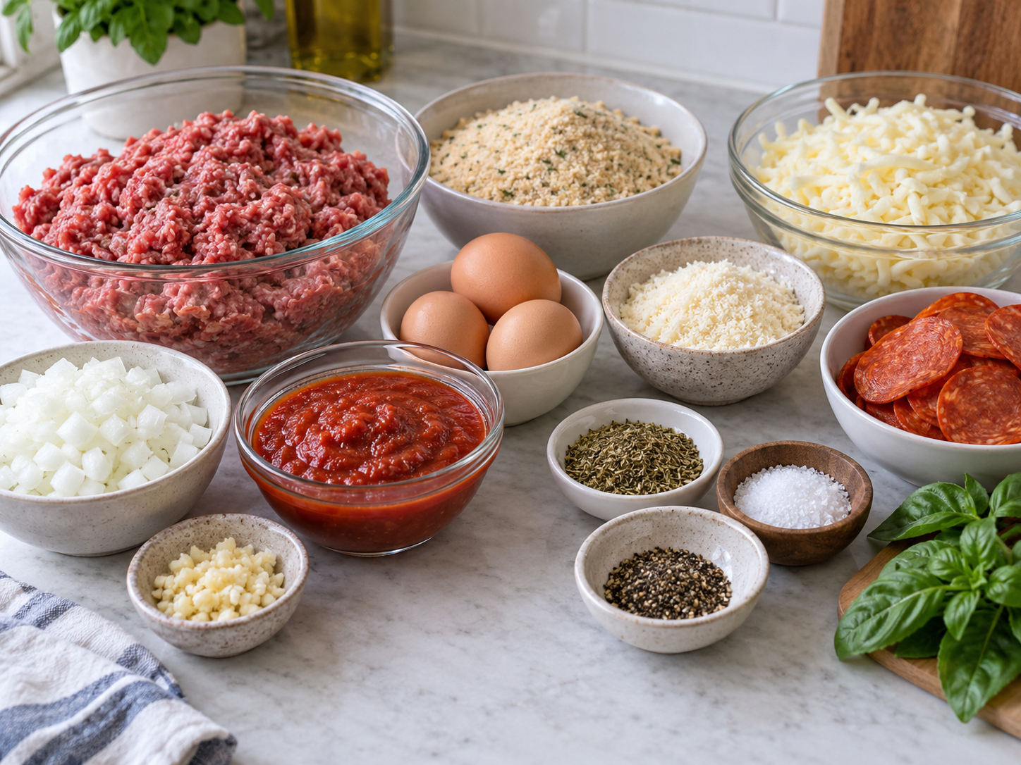 Ingredients for Sheet Pan Pizza Meatloaf arranged on a kitchen counter