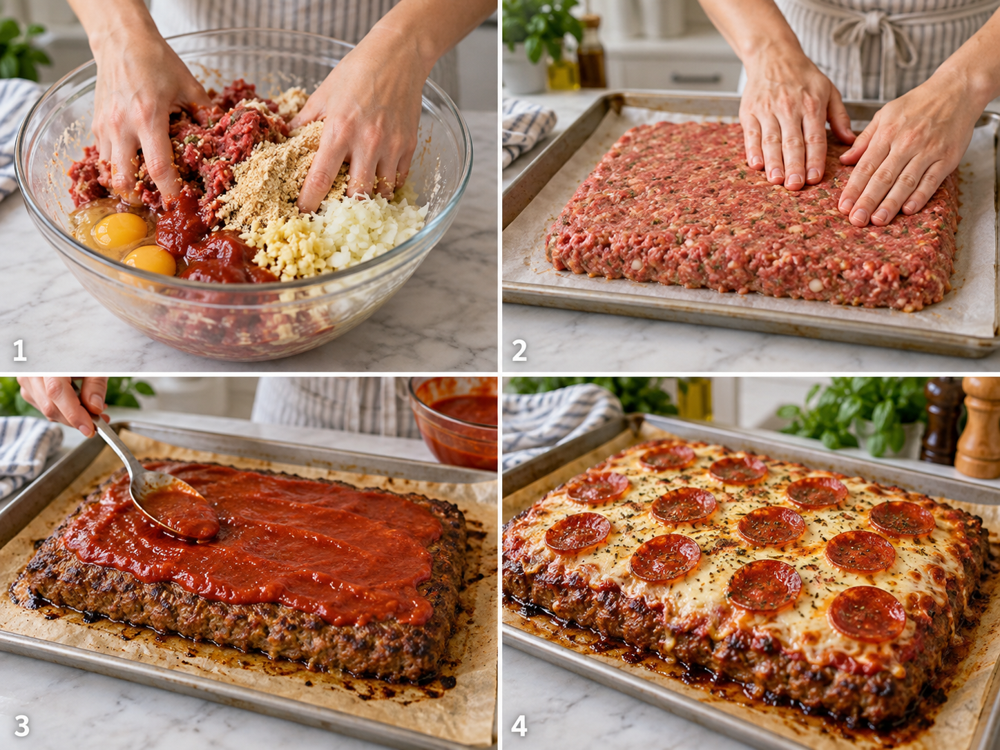 Four steps for making Sheet Pan Pizza Meatloaf on a parchment-lined pan