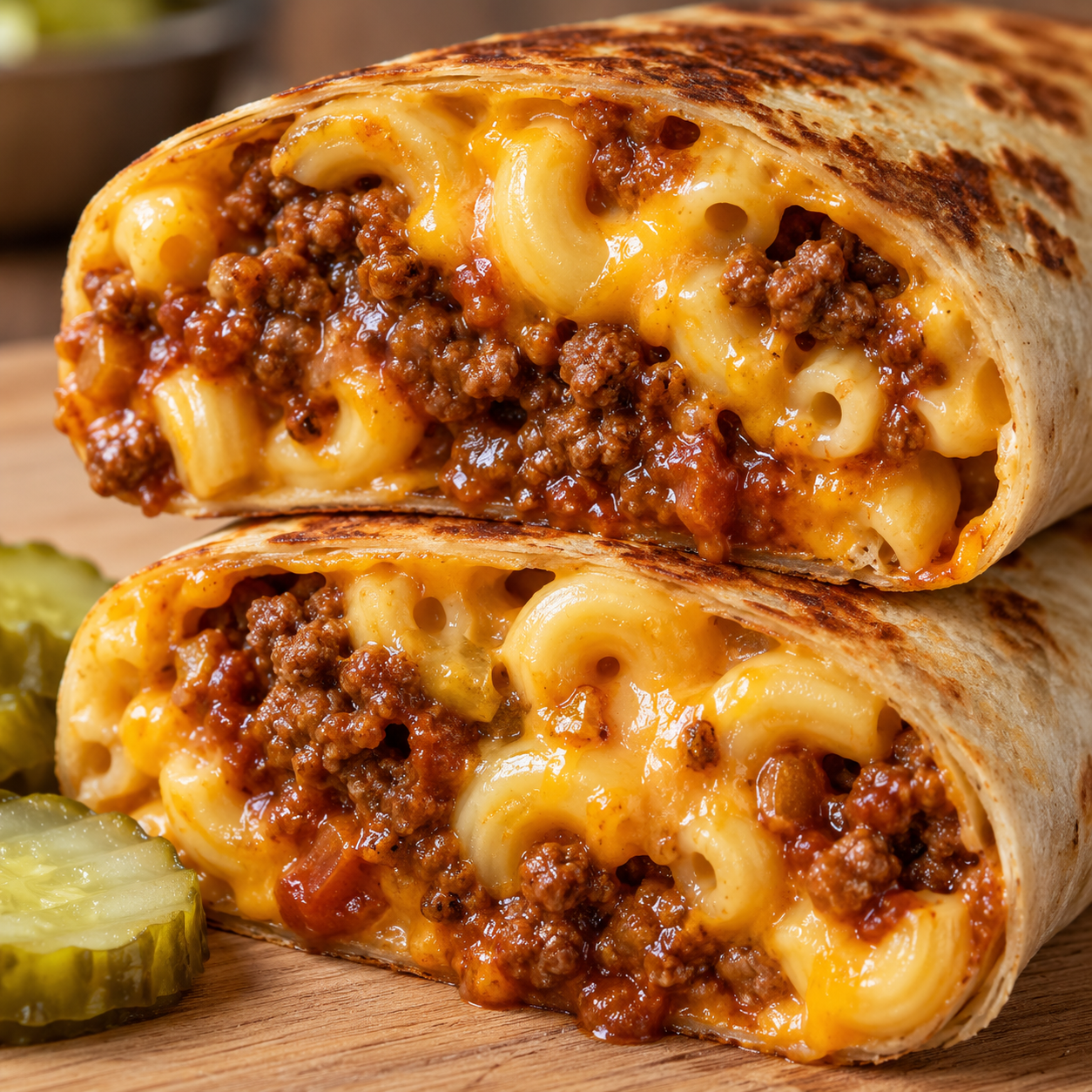 Sloppy joe mac and cheese wrap sliced with creamy pasta and saucy beef