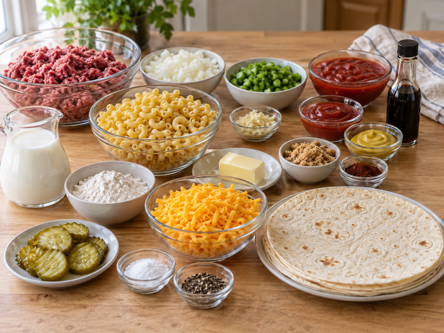 Ingredients for sloppy joe mac and cheese wraps with beef, pasta, cheddar, and tortillas