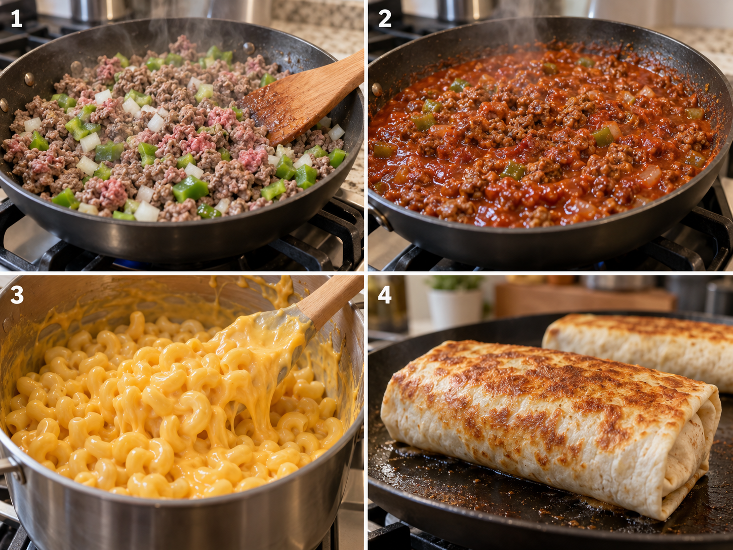 Four cooking steps for sloppy joe mac and cheese wraps