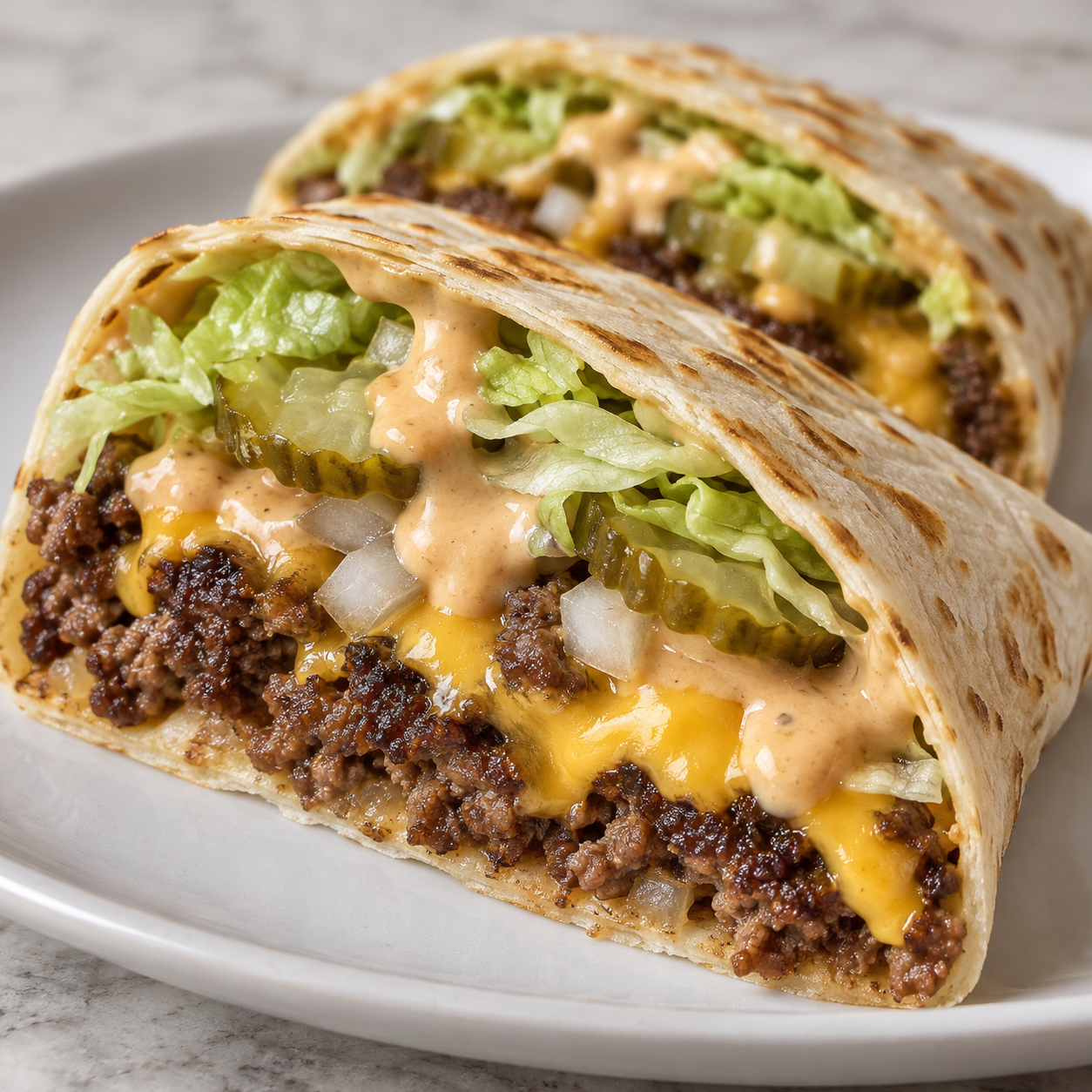 Smash burger taco cut in half showing crispy beef patty, melted cheese, pickles and onion