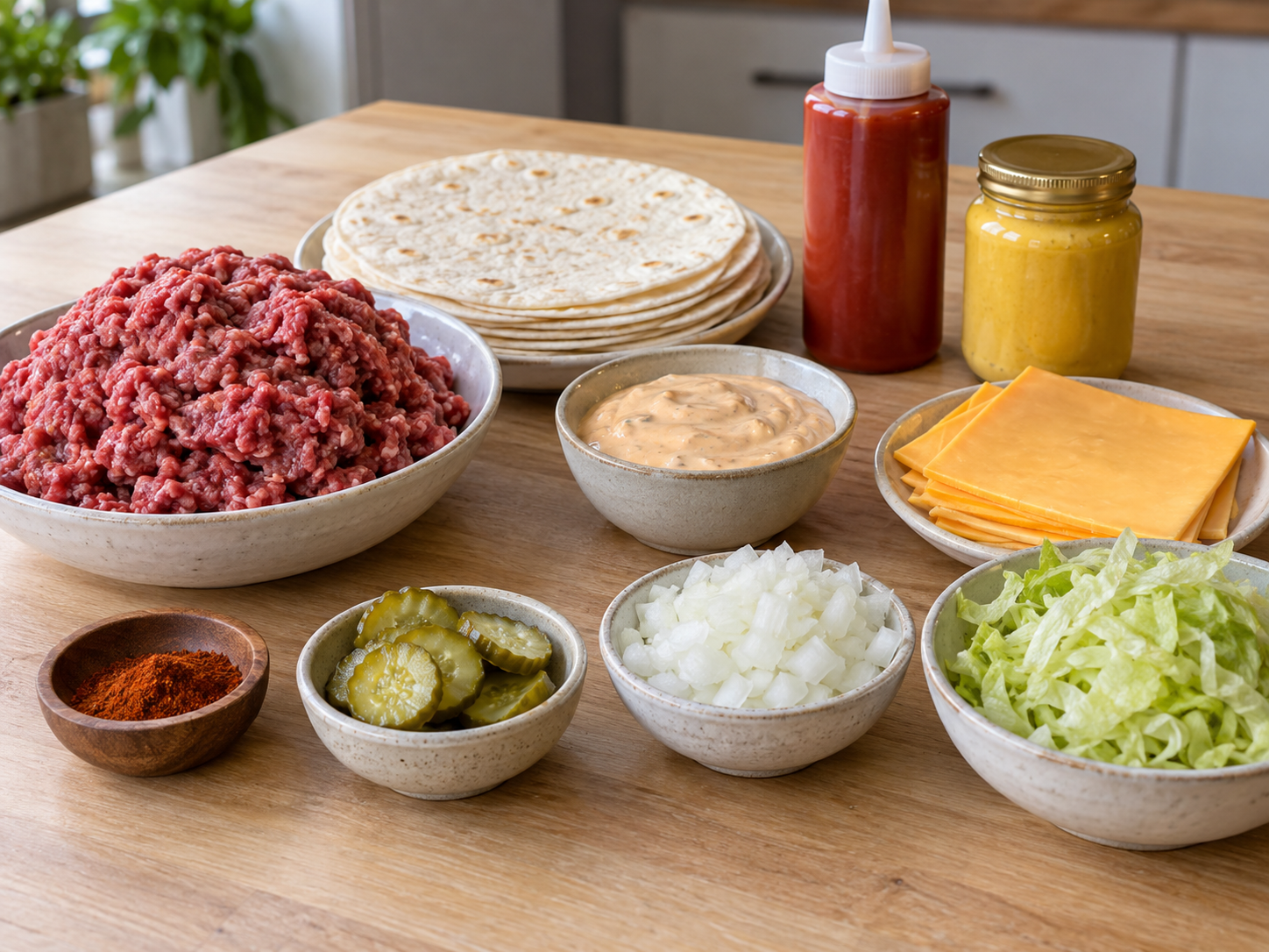 Raw ingredients for smash burger tacos including ground beef, tortillas, cheese and toppings