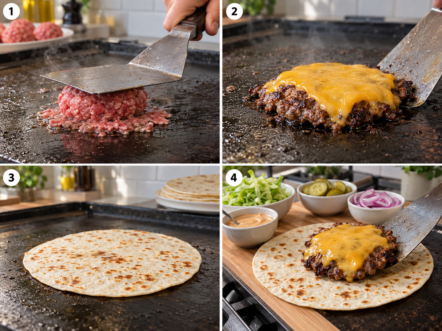Four steps of making smash burger tacos from smashing the beef to assembling the tortilla