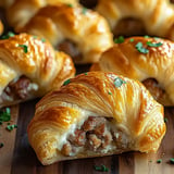 A close-up of a golden, flaky croissant filled with sausage and cheese, garnished with chopped parsley, placed on a wooden surface.