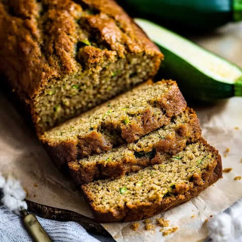 A freshly baked zucchini bread loaf is sliced on a wooden surface, with a whole zucchini and a cut zucchini in the background.