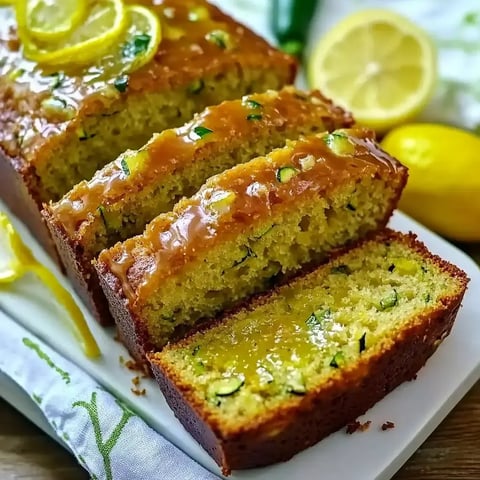 A freshly baked lemon zucchini loaf cake is sliced, showcasing its moist texture and garnished with lemon slices and frosting.