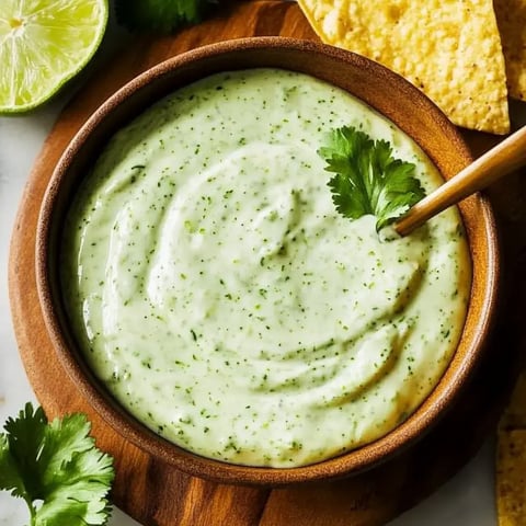 A wooden bowl filled with creamy green sauce, garnished with a sprig of cilantro, surrounded by tortilla chips and a lime half.