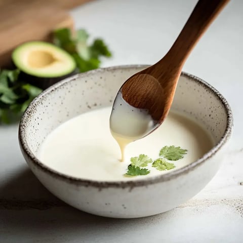 A wooden spoon drips creamy sauce over a bowl garnished with fresh cilantro, with an avocado and herbs in the background.