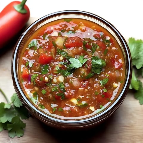 A glass jar filled with vibrant salsa, topped with fresh cilantro, accompanied by a red chili pepper and cilantro leaves.