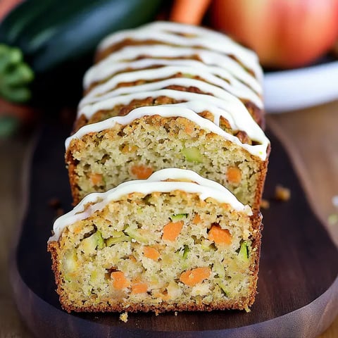 A freshly baked loaf of zucchini and carrot bread with a white icing drizzle, sliced to reveal its colorful interior.