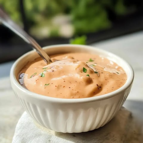 A white bowl filled with creamy pink sauce, garnished with green herbs, sits on a light surface with a spoon resting inside.