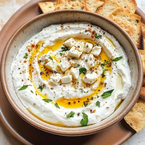 A bowl of creamy white dip drizzled with olive oil, topped with cubed cheese, herbs, and spices, alongside crisp toasted bread.