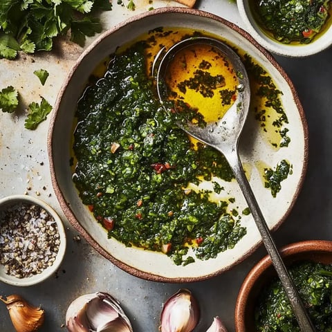 A bowl of vibrant green chimichurri sauce sits with a silver spoon, surrounded by garlic cloves, salt, and fresh herbs.