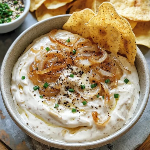 A bowl of creamy dip topped with caramelized onions and chopped herbs, accompanied by crispy tortilla chips.