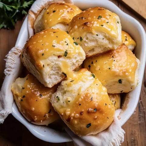 A white dish filled with golden, cheesy biscuits, some of which are oozing cheese, garnished with fresh parsley.