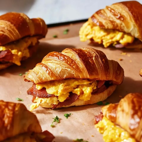 A close-up view of croissant sandwiches filled with scrambled eggs and bacon, arranged on a parchment-lined surface.