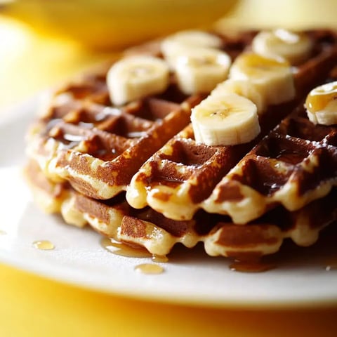 A stack of golden-brown waffles topped with banana slices and drizzled with syrup on a white plate.