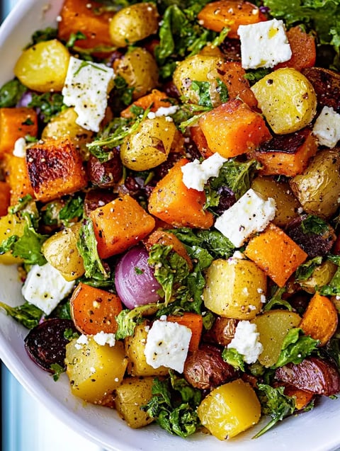 A colorful salad featuring roasted butternut squash, potatoes, greens, and crumbled feta cheese, garnished with pepper.