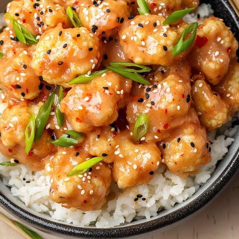 A close-up image of a bowl of rice topped with crispy chicken in a spicy sauce, garnished with green onions and sesame seeds.