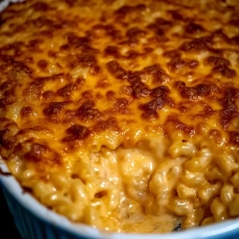 A close-up of a baked macaroni and cheese dish with a golden-brown, crispy cheese topping.