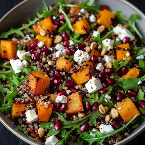 A colorful salad featuring arugula, quinoa, roasted butternut squash, pomegranate seeds, feta cheese, and pine nuts.