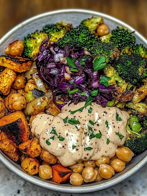 A colorful bowl filled with roasted vegetables, including broccoli, purple cabbage, sweet potatoes, chickpeas, and a creamy sauce topped with parsley.