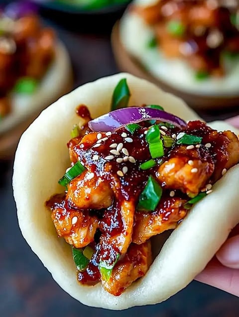 A hand holding a bao bun filled with savory chicken, green onions, and sesame seeds.