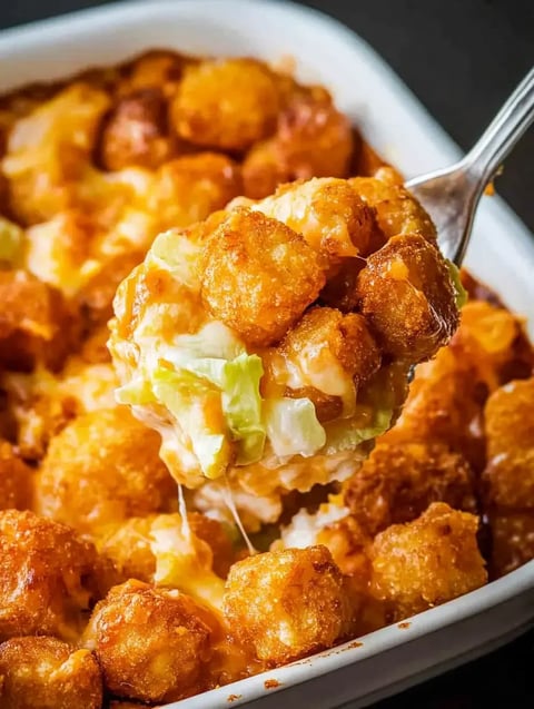 A spoonful of cheesy tater tots with melted cheese and pieces of lettuce being lifted from a baked dish.