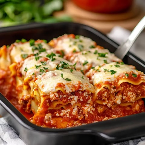 A close-up of lasagna rolls baked in a black dish, topped with melted cheese and garnished with chopped parsley.