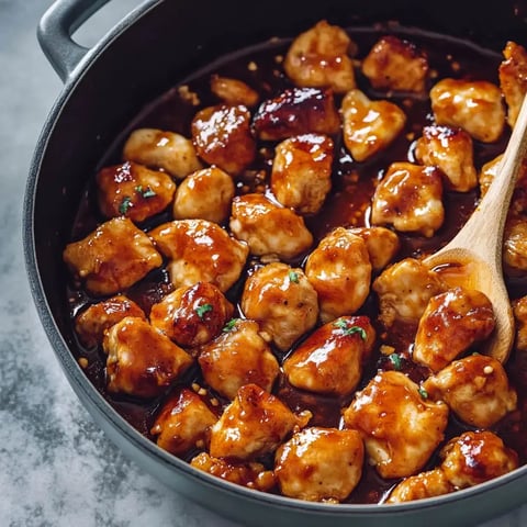 A close-up of tender, glazed chicken pieces in a black pot, garnished with herbs and accompanied by a wooden spoon.