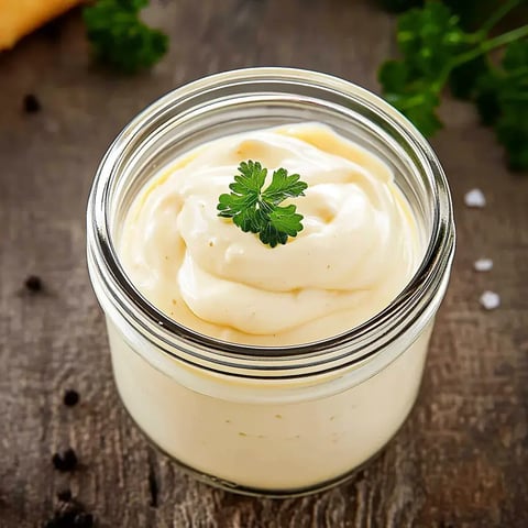 A jar of creamy mayonnaise is topped with a small sprig of parsley, placed on a wooden surface.