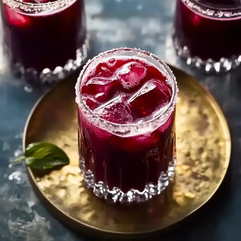 A close-up of a glass filled with a deep red drink, ice cubes, and a sugared rim, placed on a gold plate.