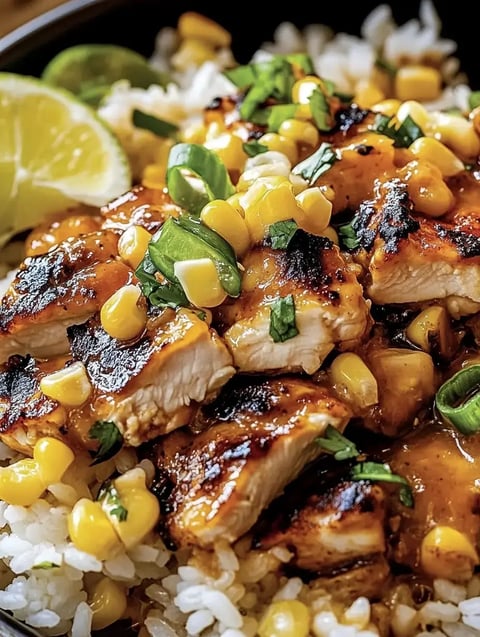 A close-up view of grilled chicken pieces atop a bed of rice, garnished with corn, green onions, and a wedge of lime.