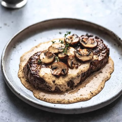 A plated steak topped with sautéed mushrooms and creamy sauce, garnished with a sprig of thyme.